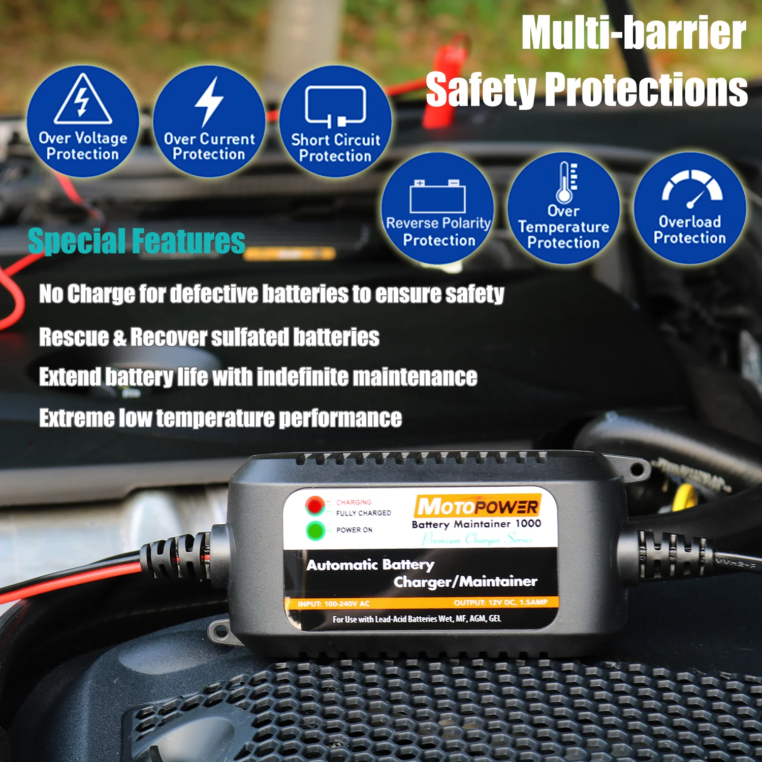 MOTOPOWER MP00206A 12V 1.5Amp Automatic Battery Charger, Battery Maintainer for Cars, Motorcycles, ATVs, RVs, Powersports, Boat and More. Smart, Compact and Eco Friendly - Image 4