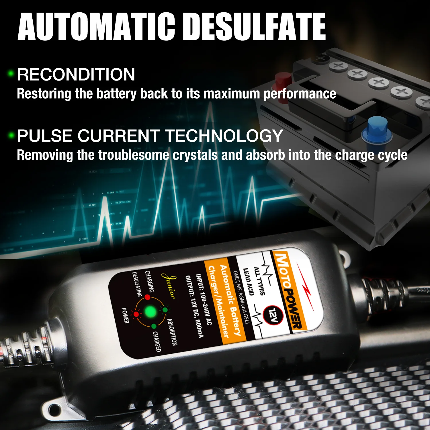 MOTOPOWER MP00205A 12V 800mA Fully Automatic Battery Charger/Maintainer for Cars, Motorcycles, ATVs, RVs, Powersports, Boat and More. Smart, Compact and Eco Friendly - Image 3