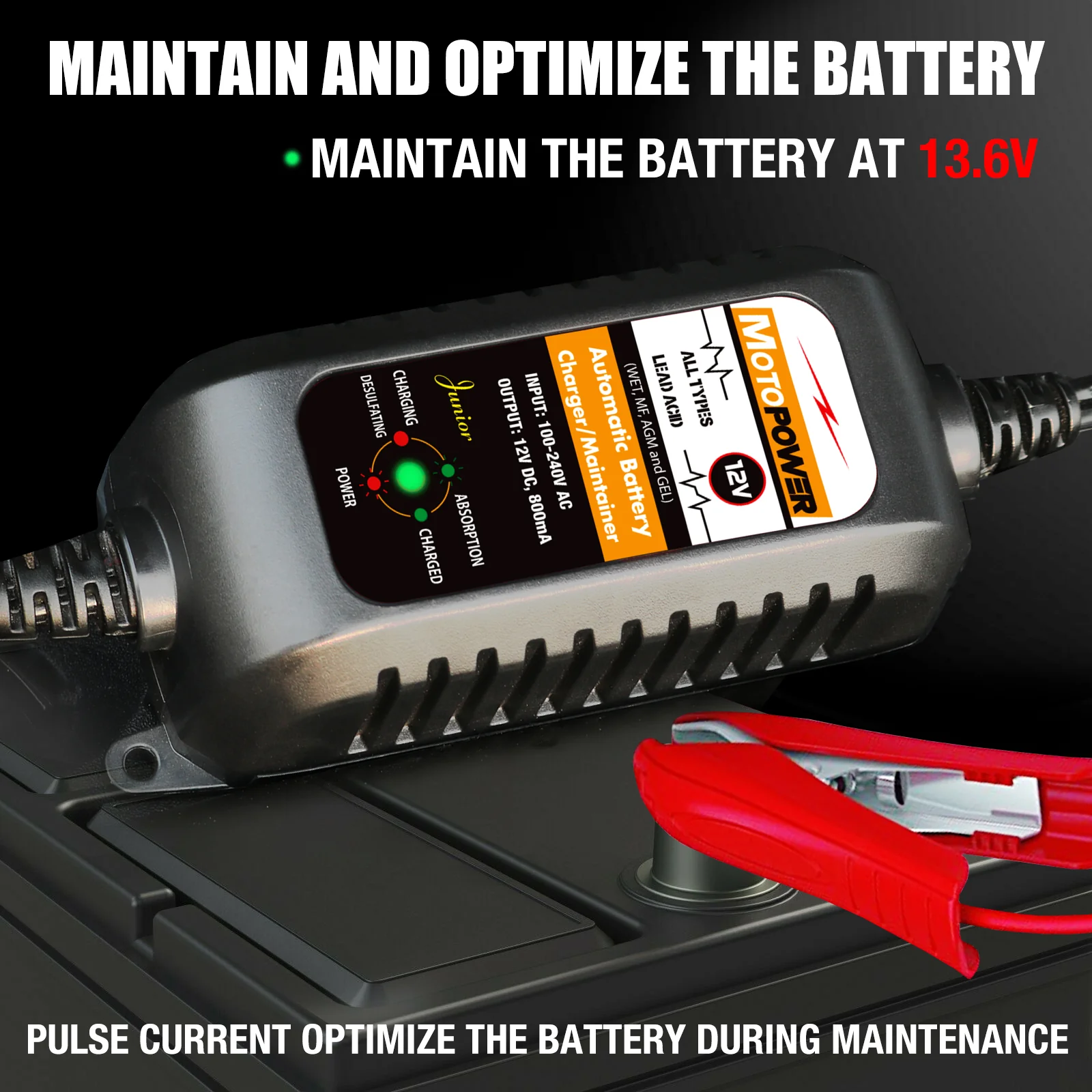 MOTOPOWER MP00205A 12V 800mA Fully Automatic Battery Charger/Maintainer for Cars, Motorcycles, ATVs, RVs, Powersports, Boat and More. Smart, Compact and Eco Friendly - Image 4