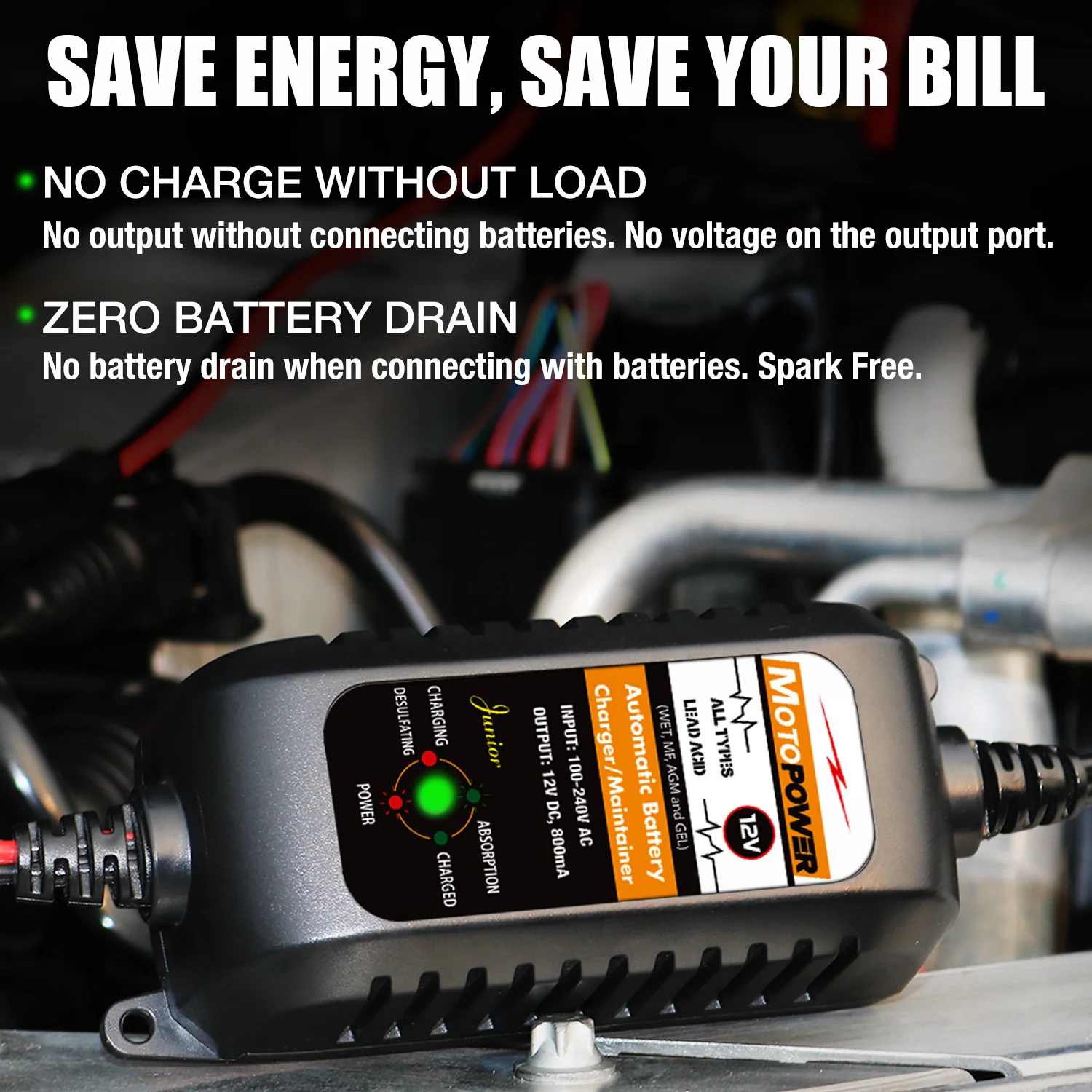 MOTOPOWER MP00205A 12V 800mA Fully Automatic Battery Charger/Maintainer for Cars, Motorcycles, ATVs, RVs, Powersports, Boat and More. Smart, Compact and Eco Friendly - Image 5