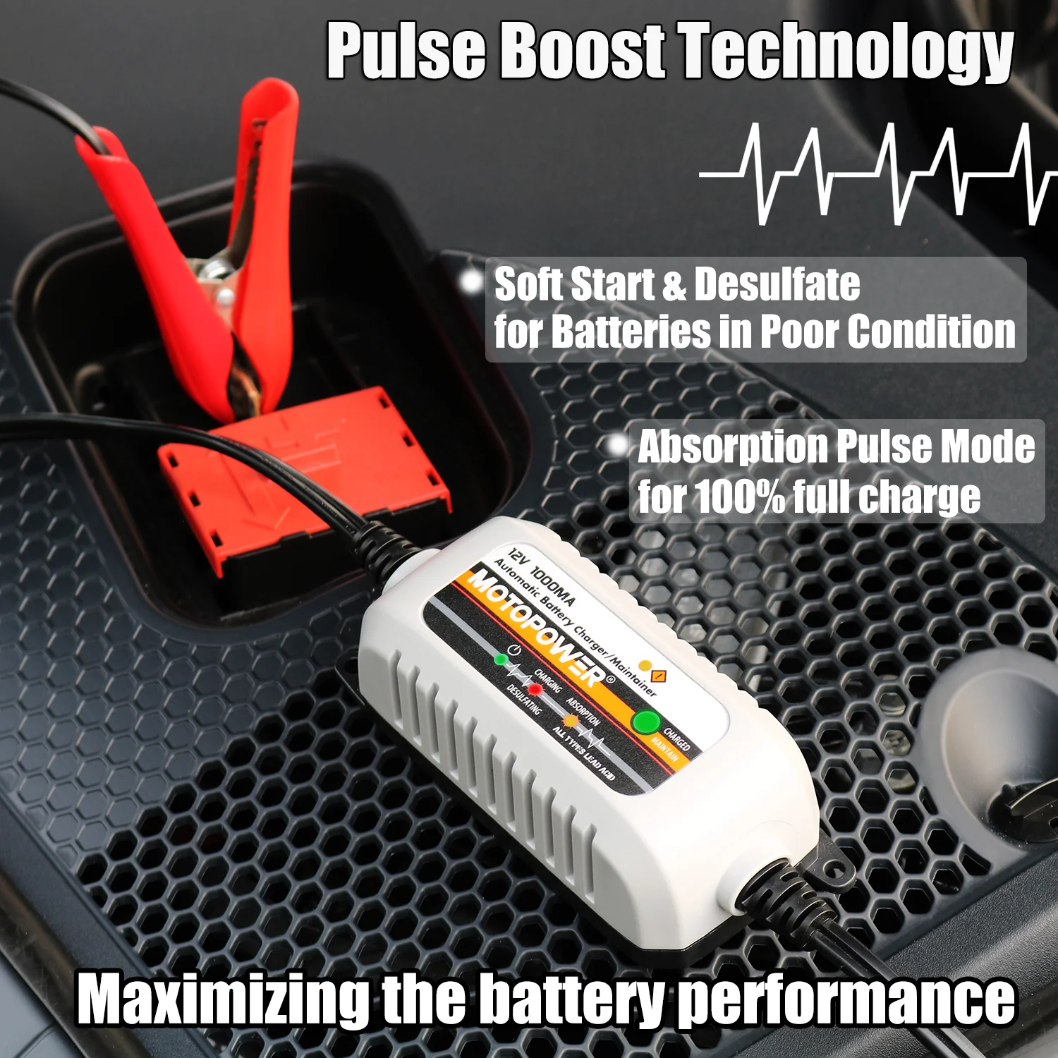 MOTOPOWER MP00205B 12V 1000mA Automatic Battery Charger, Battery Maintainer, Trickle Charger, and Battery Desulfator with Timer Protection - Image 3