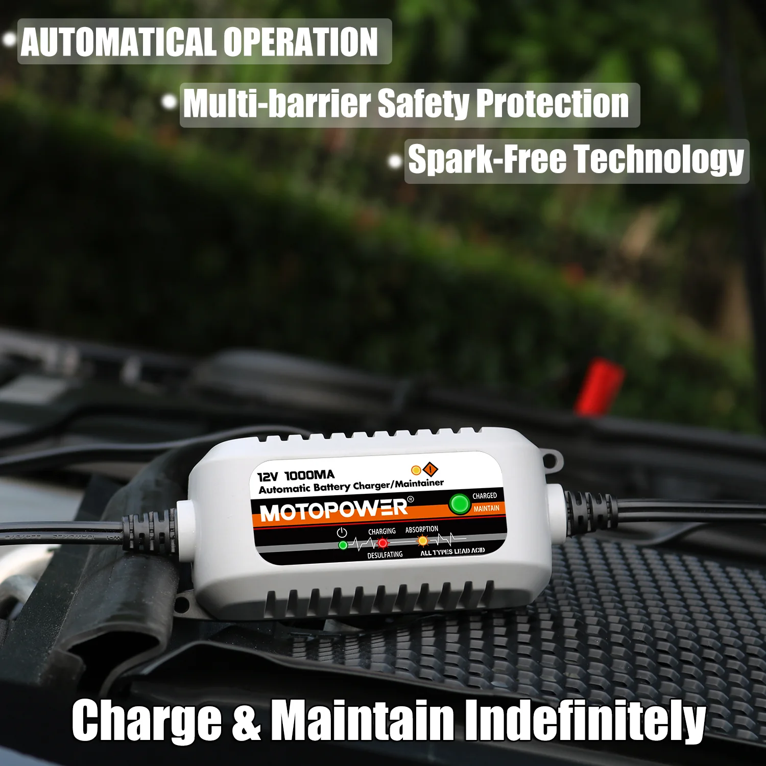 MOTOPOWER MP00205B 12V 1000mA Automatic Battery Charger, Battery Maintainer, Trickle Charger, and Battery Desulfator with Timer Protection - Image 4