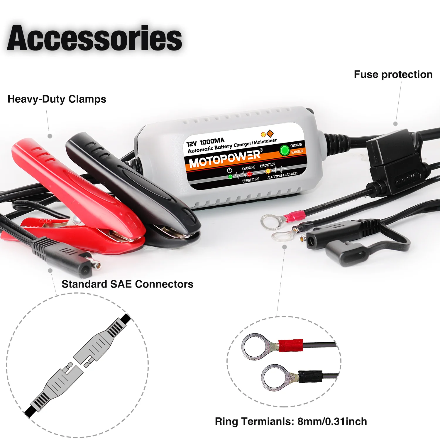 MOTOPOWER MP00205B 12V 1000mA Automatic Battery Charger, Battery Maintainer, Trickle Charger, and Battery Desulfator with Timer Protection - Image 5