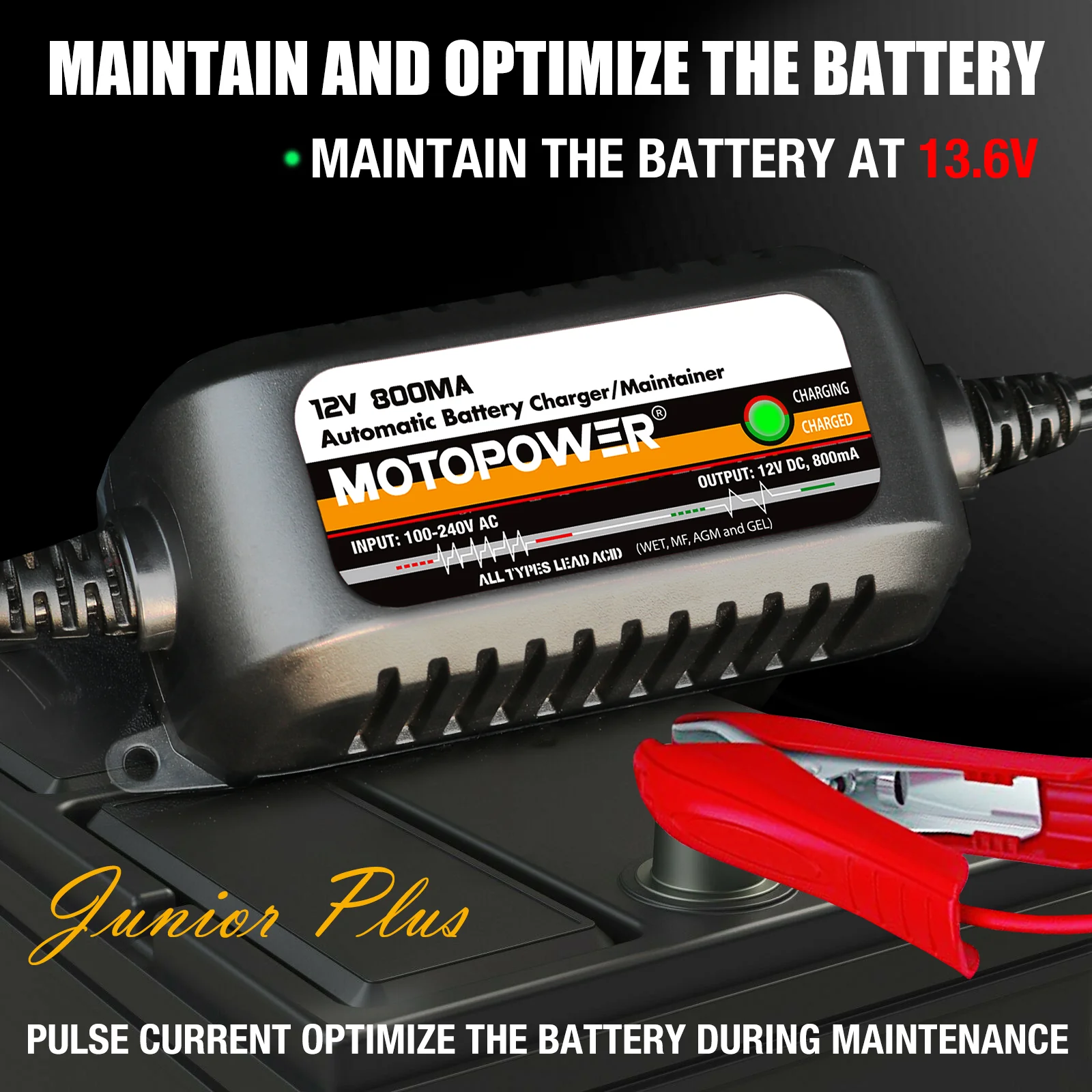 MOTOPOWER MP00205C 12V 800mA Automatic Battery Charger, Battery Maintainer, Trickle Charger, and Battery Desulfator - Image 3