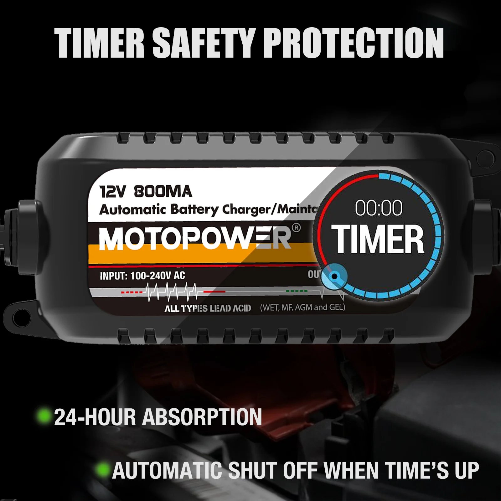 MOTOPOWER MP00205C 12V 800mA Automatic Battery Charger, Battery Maintainer, Trickle Charger, and Battery Desulfator - Image 4