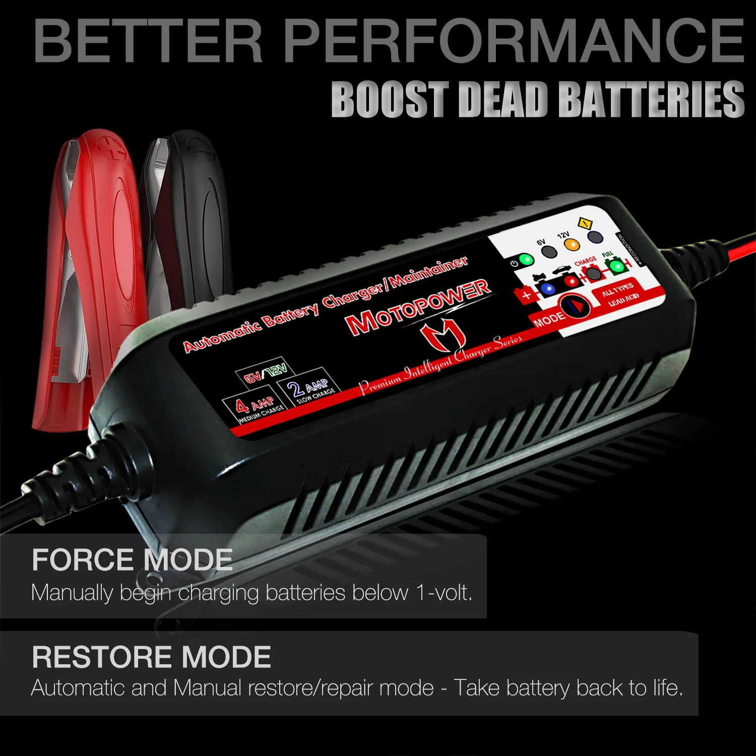 MOTOPOWER MP00207 6V and 12V 4AMP Automatic Smart Battery Charger, Battery Maintainer, Battery Desulfator with Force Charging Recondition Mode - Image 3