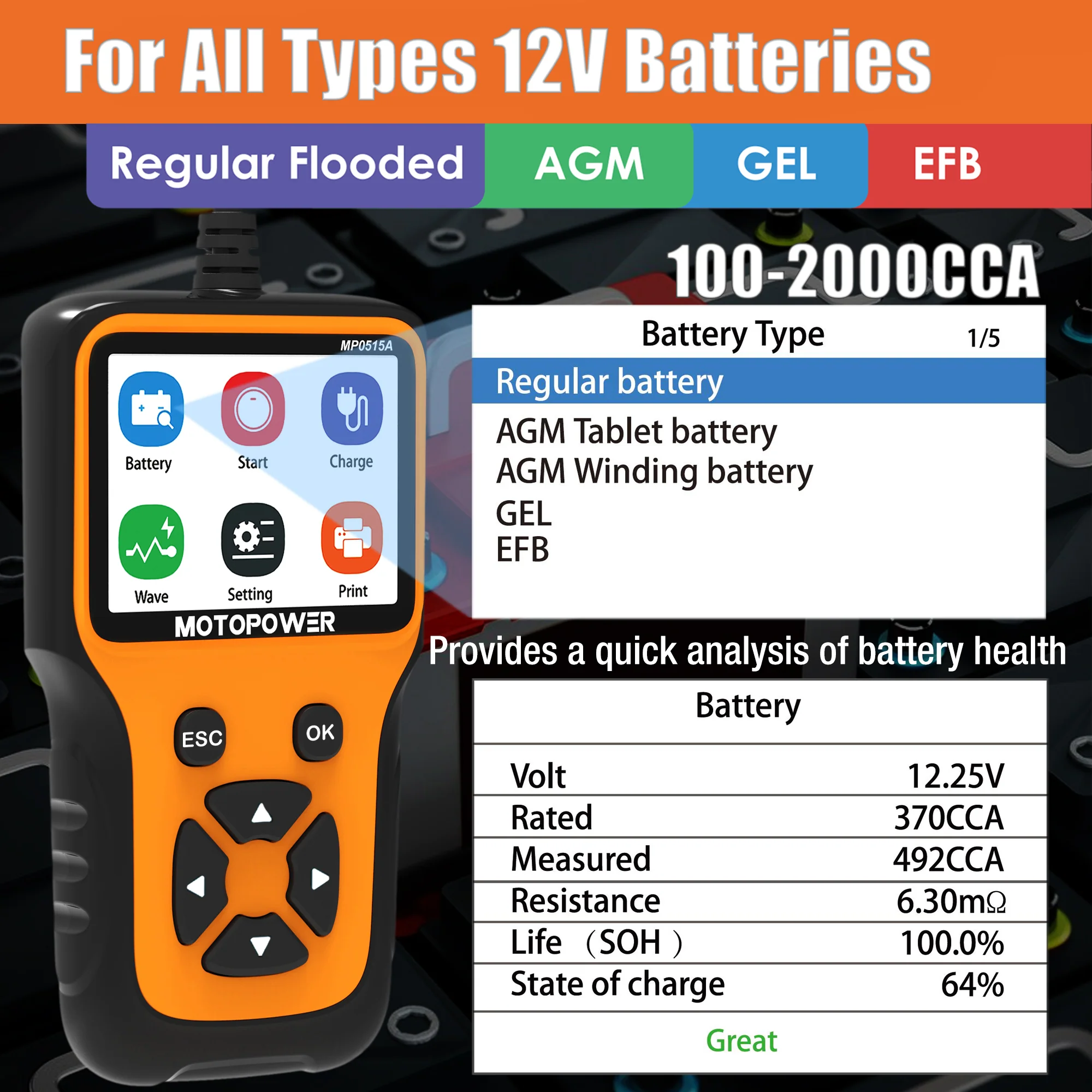MOTOPOWER MP0515A 12V Car Battery Tester Automotive 100-2000 CCA Battery Load Tester Auto Cranking and Charging System Test Scan Tool Digital Battery Alternator Analyzer - Image 3
