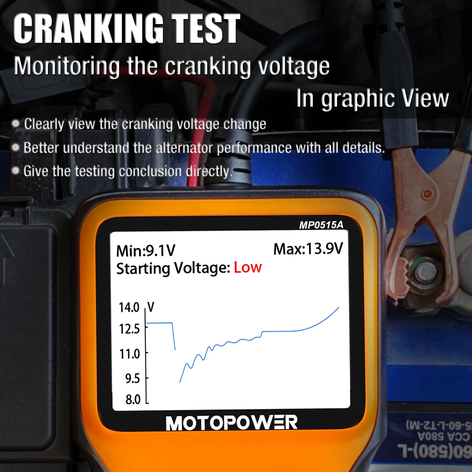 MOTOPOWER MP0515A 12V Car Battery Tester Automotive 100-2000 CCA Battery Load Tester Auto Cranking and Charging System Test Scan Tool Digital Battery Alternator Analyzer - Image 5