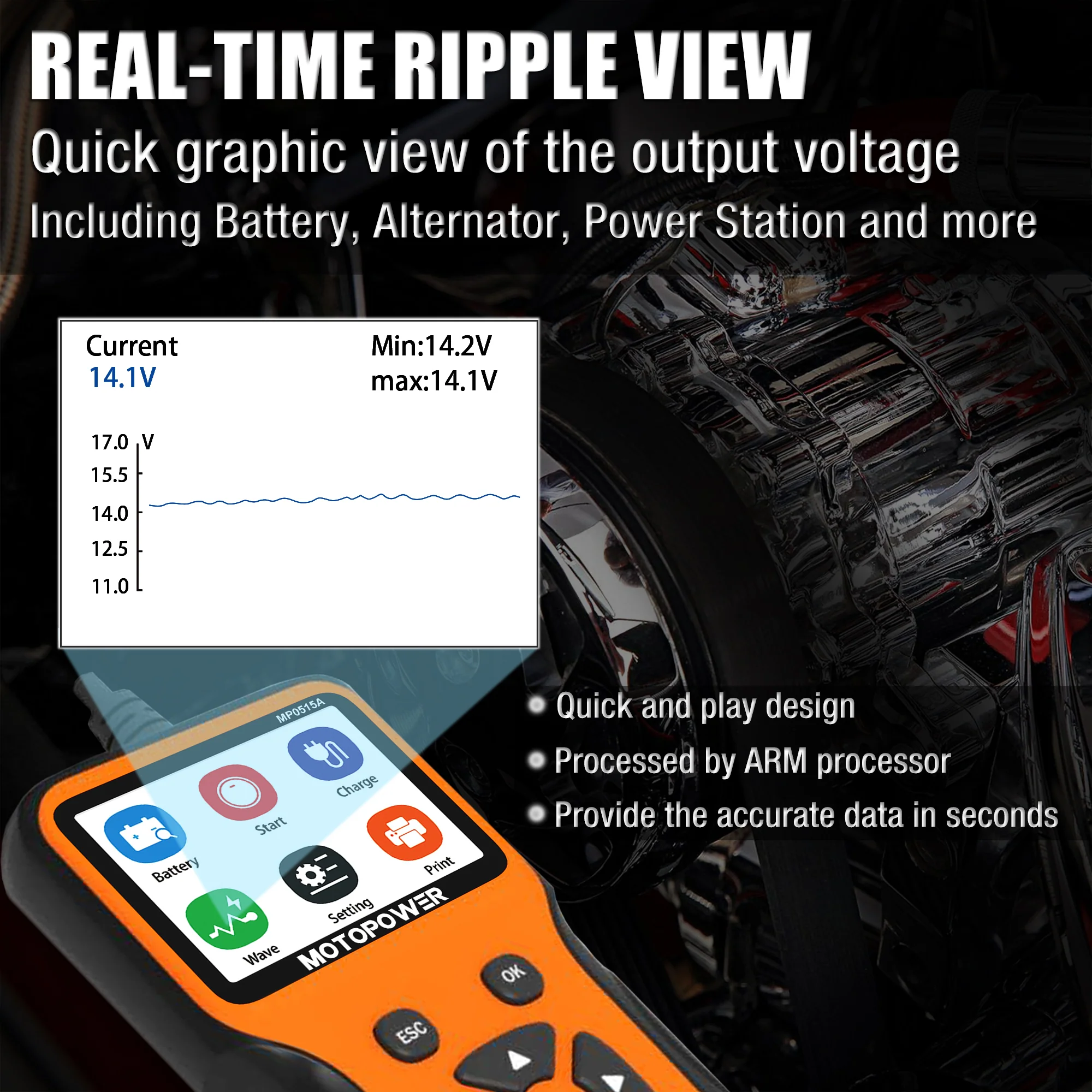 MOTOPOWER MP0515A 12V Car Battery Tester Automotive 100-2000 CCA Battery Load Tester Auto Cranking and Charging System Test Scan Tool Digital Battery Alternator Analyzer - Image 6