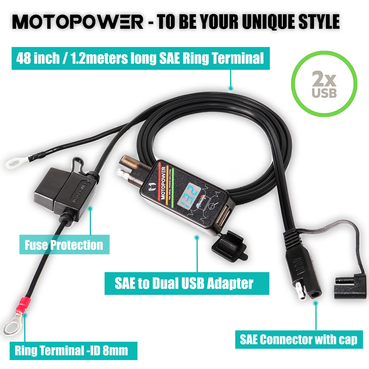 MP0620A 4.2Amp Motorcycle Dual USB Charger Kit SAE to USB Adapter with LED Voltmeter - Image 6