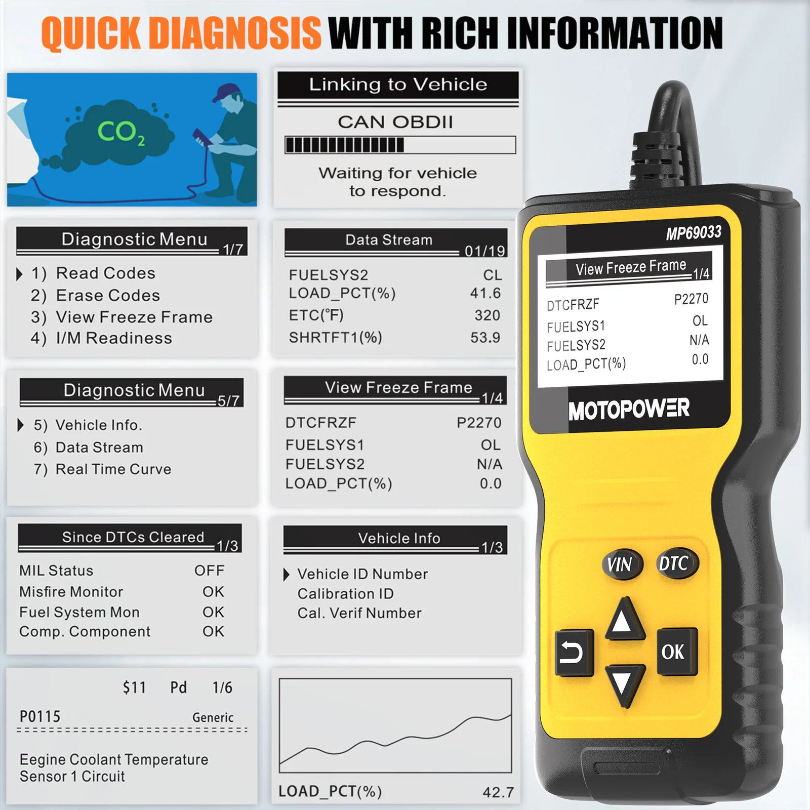 MOTOPOWER MP69033 OBD2 Scanner Universal Car Engine Fault Code Reader, CAN Diagnostic Scan Tool for All OBD II Protocol Cars - Image 6
