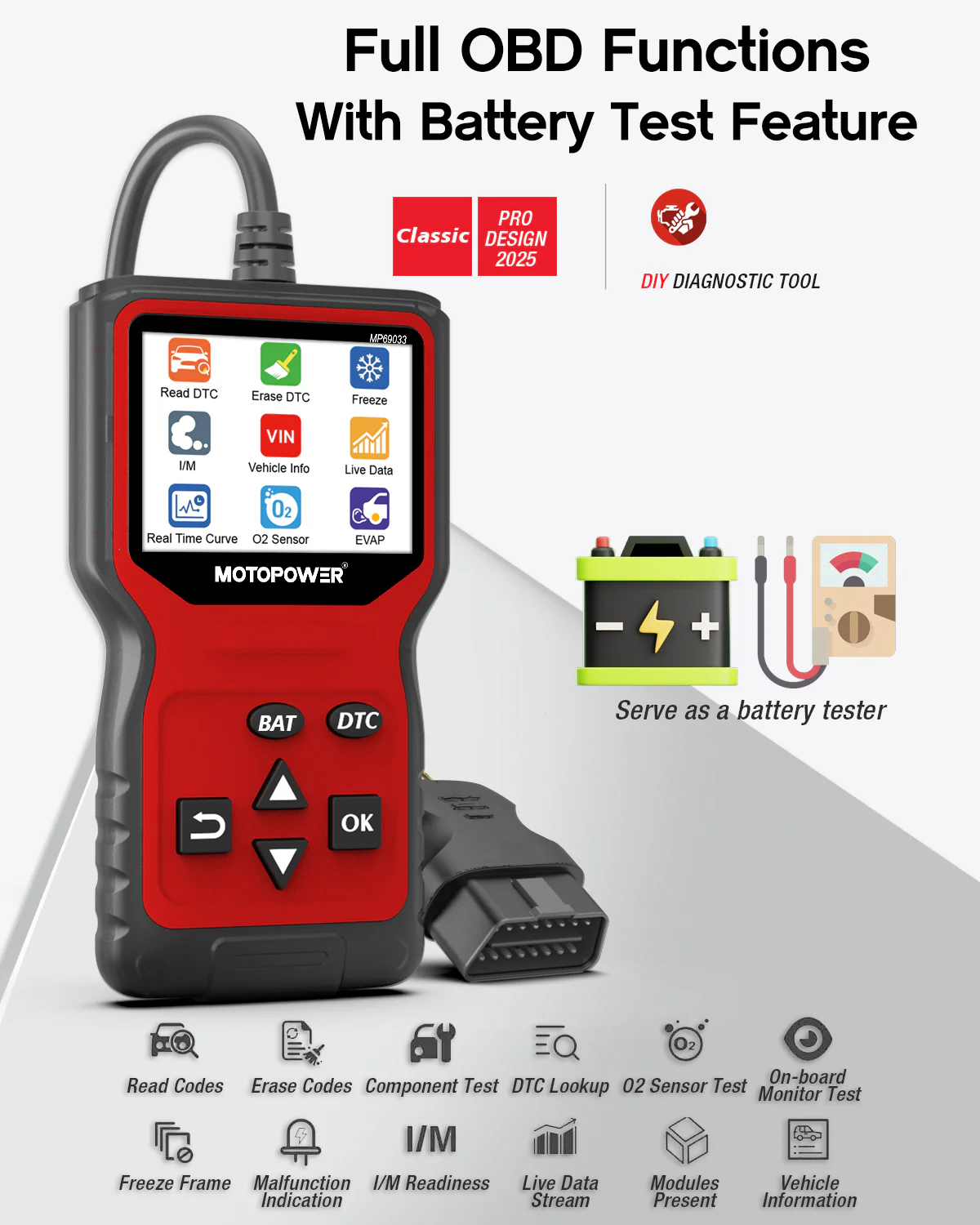 MOTOPOWER MP69033 Pro OBD2 Scanner Code Reader Check Engine Fault Light Diagnostic Scan Tool with Battery Tester, Red - Image 3