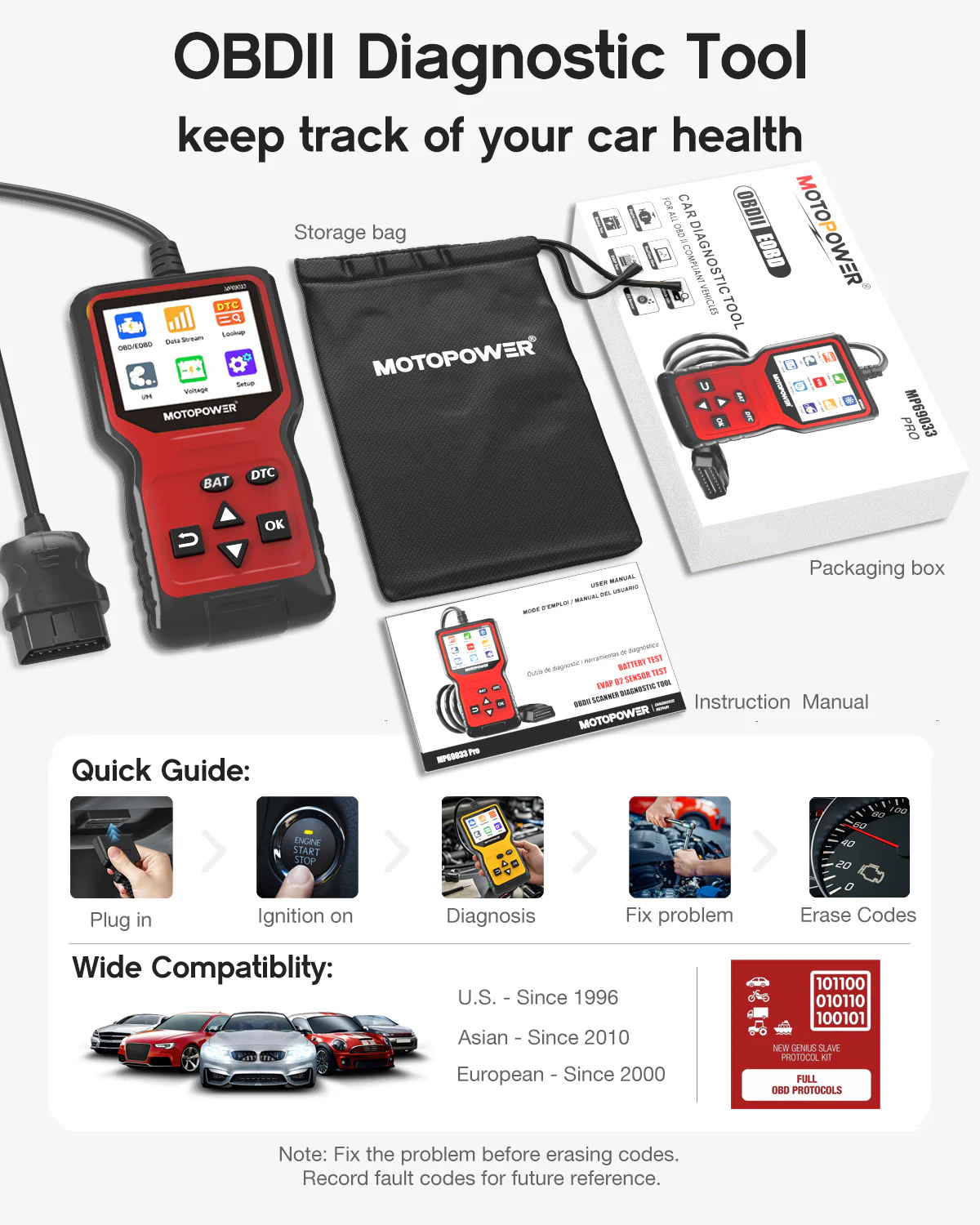 MOTOPOWER MP69033 Pro OBD2 Scanner Code Reader Check Engine Fault Light Diagnostic Scan Tool with Battery Tester, Red - Image 4