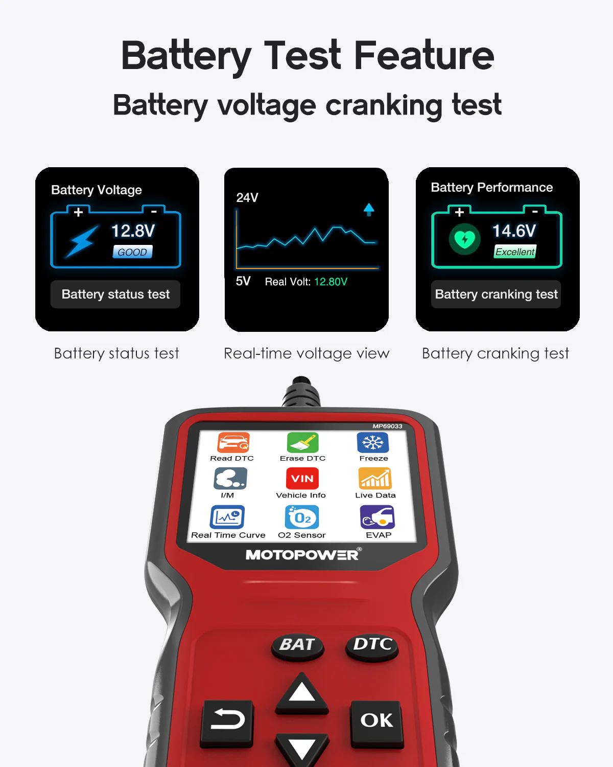 MOTOPOWER MP69033 Pro OBD2 Scanner Code Reader Check Engine Fault Light Diagnostic Scan Tool with Battery Tester, Red - Image 5