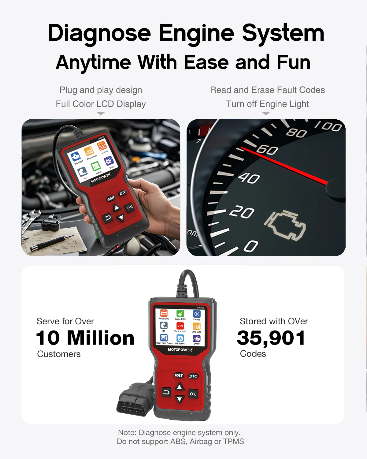 MOTOPOWER MP69033 Pro OBD2 Scanner Code Reader Check Engine Fault Light Diagnostic Scan Tool with Battery Tester, Red - Image 6