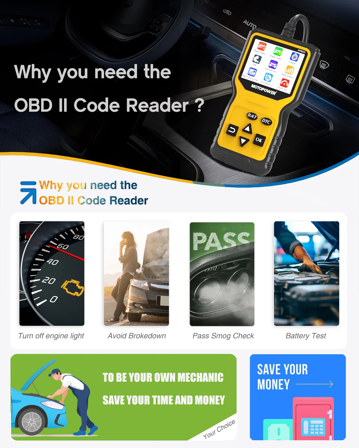 MOTOPOWER MP69033 Pro OBD2 Scanner Code Reader Check Engine Fault Light Diagnostic Scan Tool with Battery Tester, Yellow - Image 3