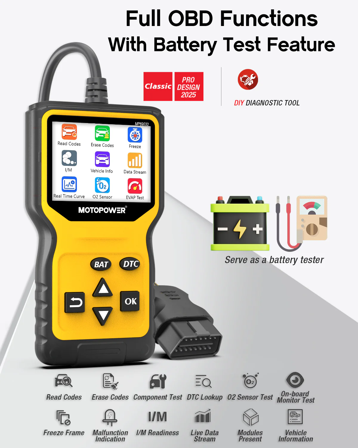 MOTOPOWER MP69033 Pro OBD2 Scanner Code Reader Check Engine Fault Light Diagnostic Scan Tool with Battery Tester, Yellow - Image 4