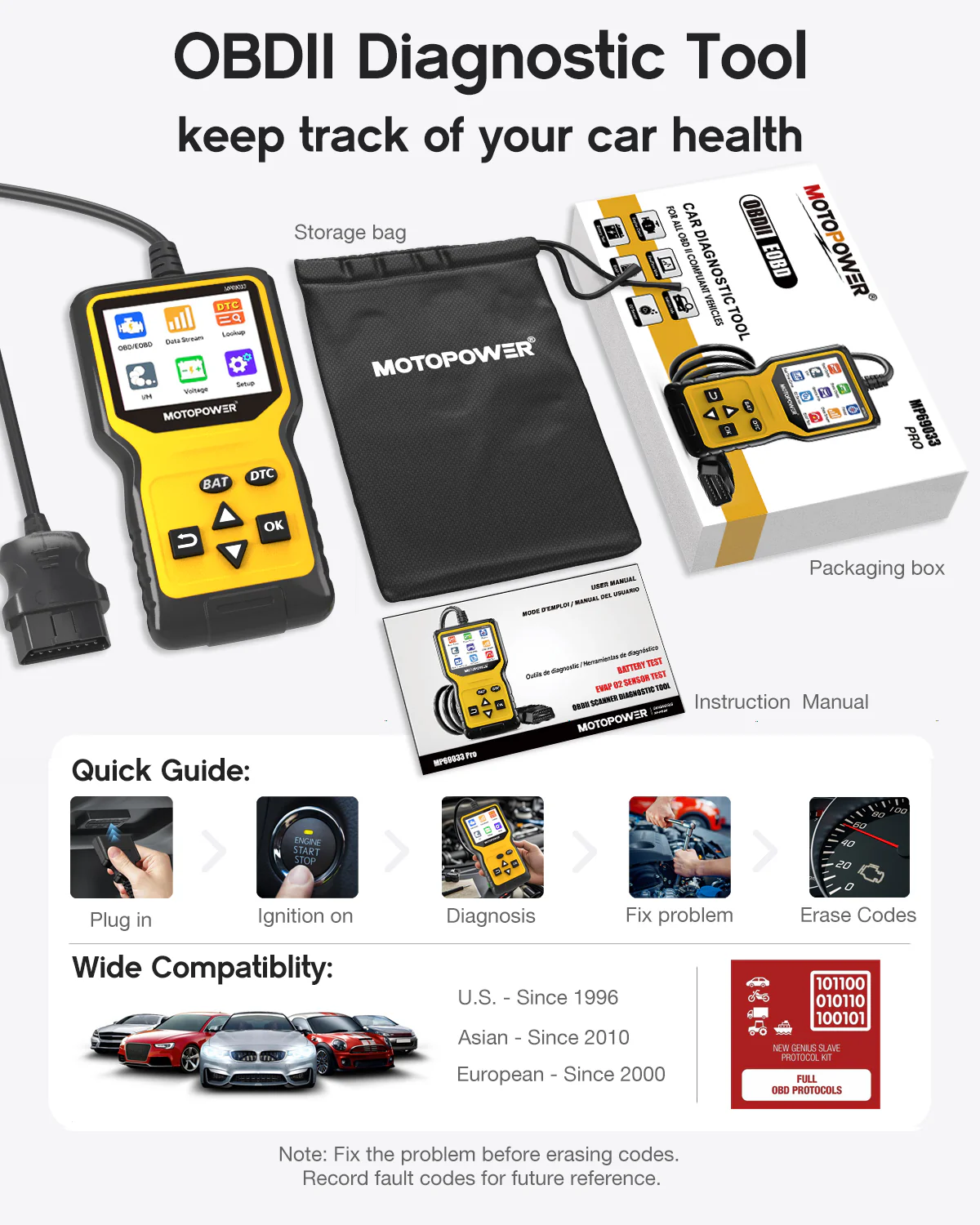 MOTOPOWER MP69033 Pro OBD2 Scanner Code Reader Check Engine Fault Light Diagnostic Scan Tool with Battery Tester, Yellow - Image 5