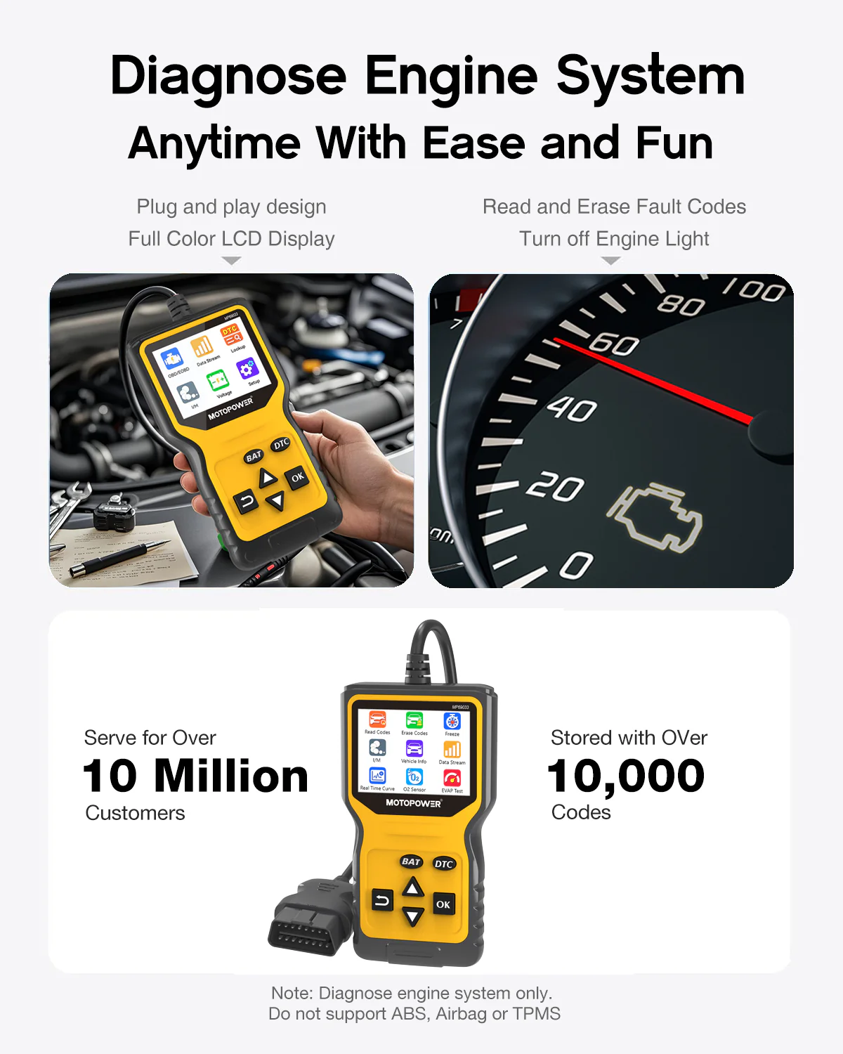 MOTOPOWER MP69033 Pro OBD2 Scanner Code Reader Check Engine Fault Light Diagnostic Scan Tool with Battery Tester, Yellow - Image 6