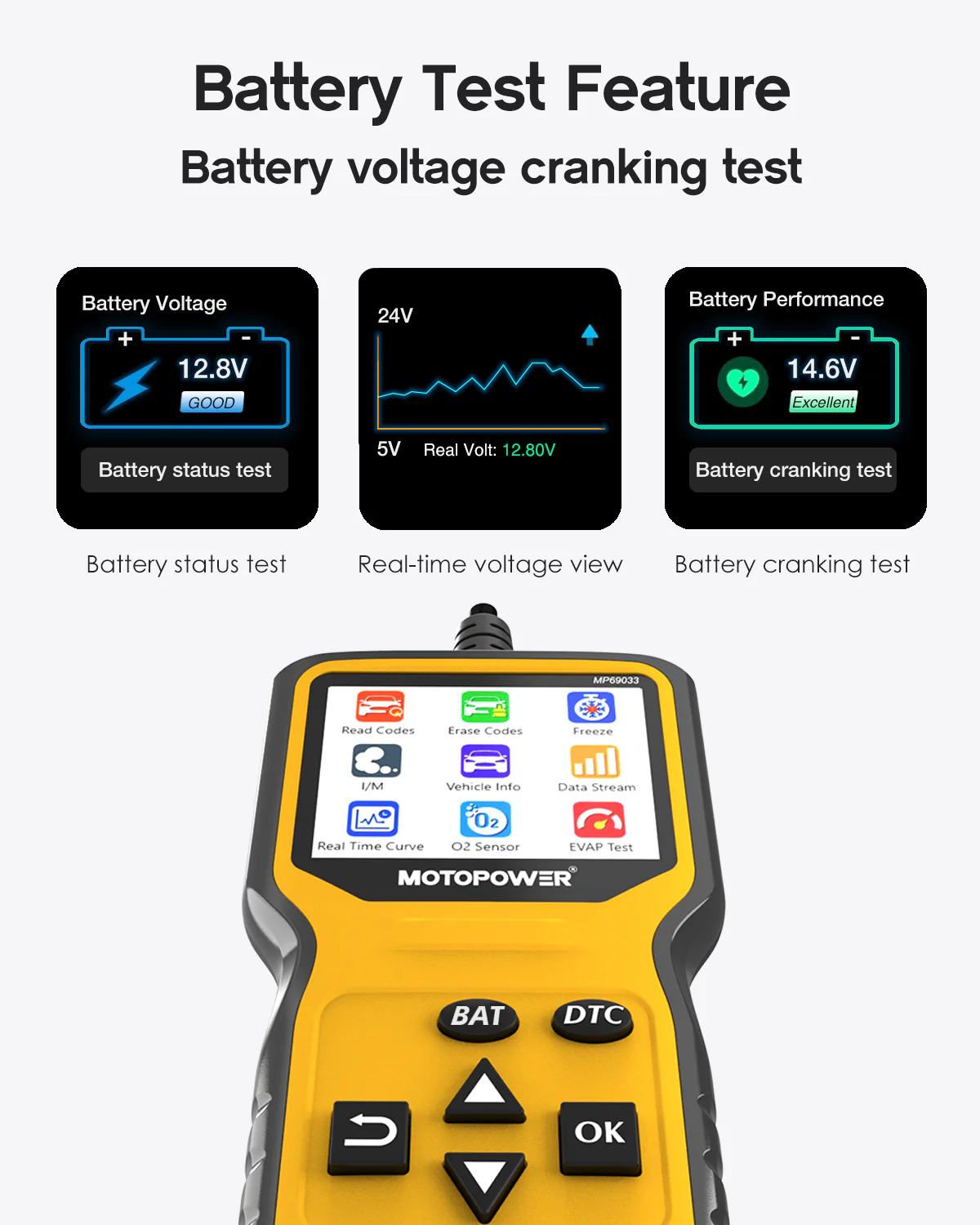 MOTOPOWER MP69033 Pro OBD2 Scanner Code Reader Check Engine Fault Light Diagnostic Scan Tool with Battery Tester, Yellow - Image 7