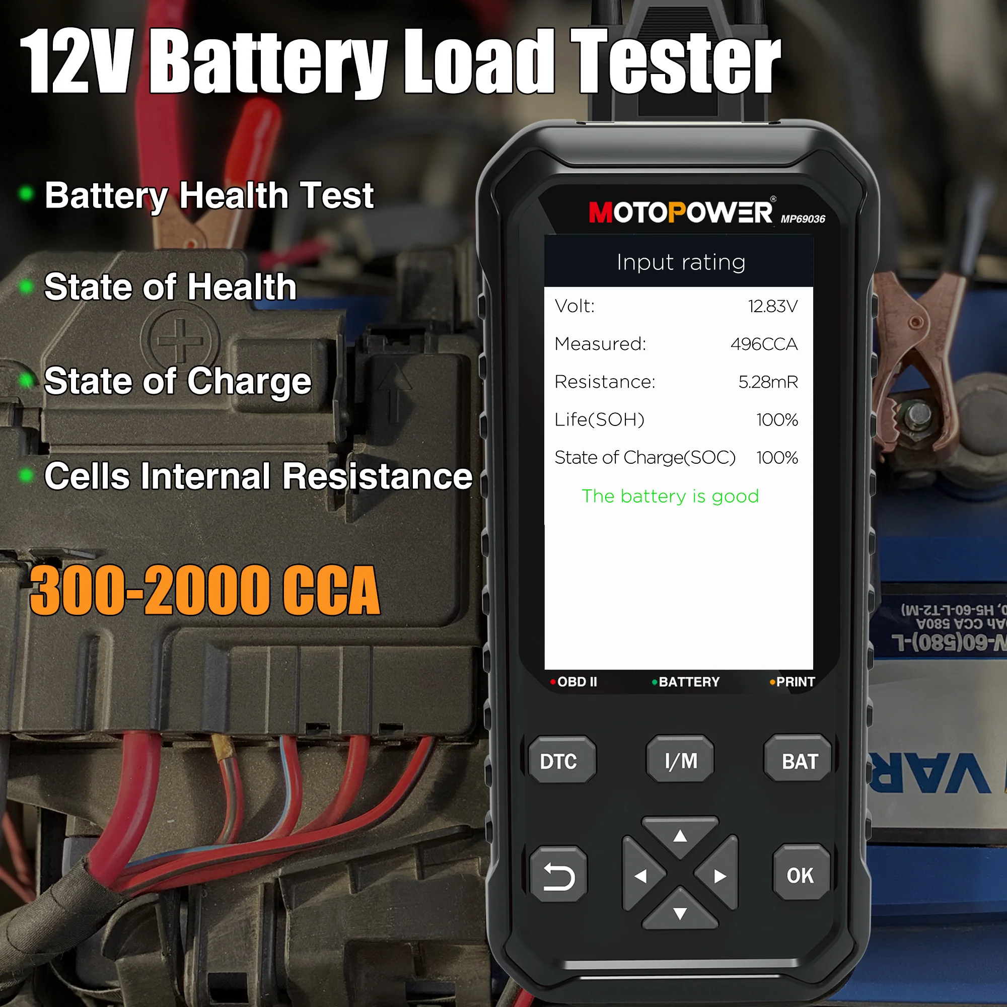 MOTOPOWER MP69036 Car OBD2 Code Reader Scanner Engine Code Reader 2 in 1 OBD2 Diagnostic Tool and 12V Battery Load Tester - Image 5