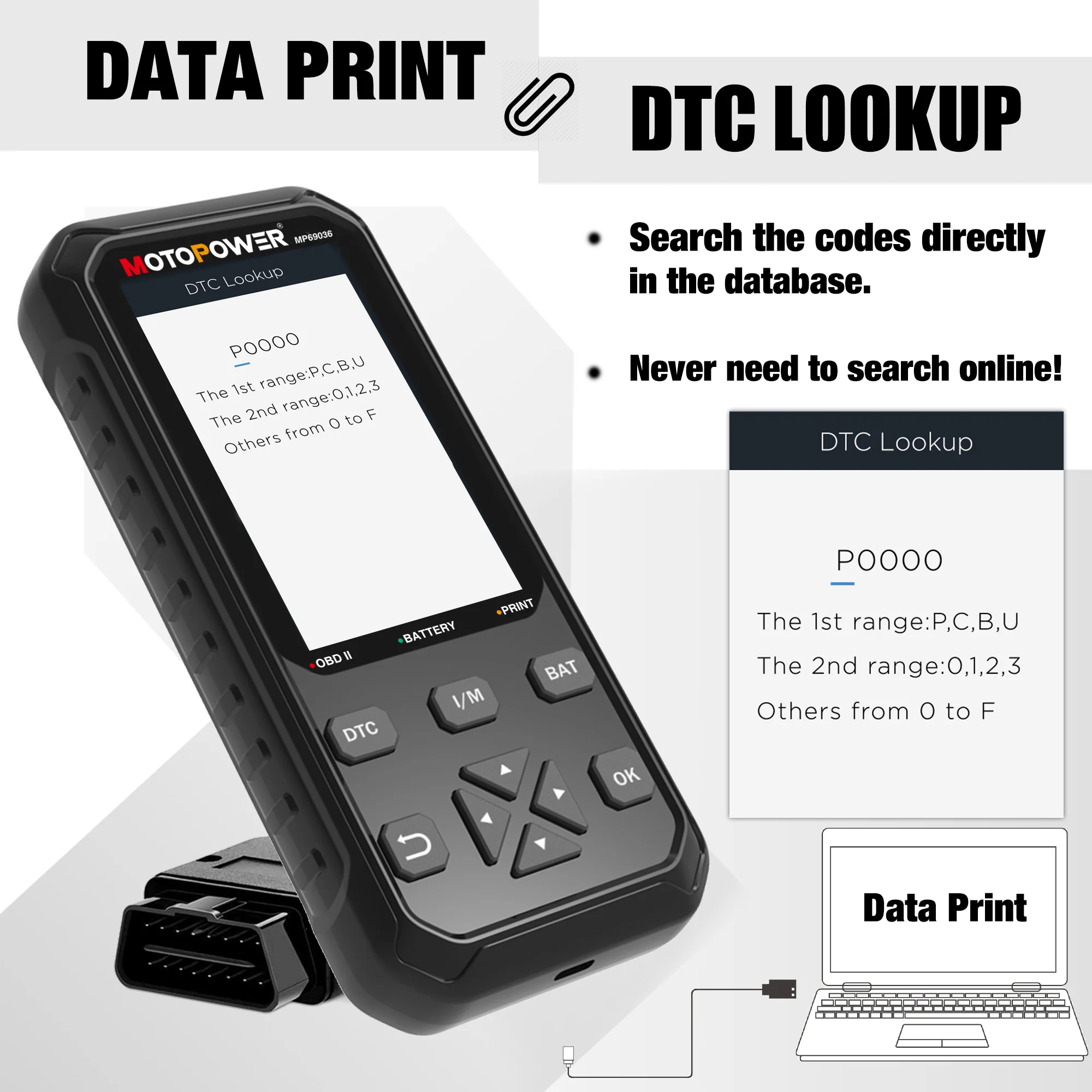 MOTOPOWER MP69036 Car OBD2 Code Reader Scanner Engine Code Reader 2 in 1 OBD2 Diagnostic Tool and 12V Battery Load Tester - Image 6