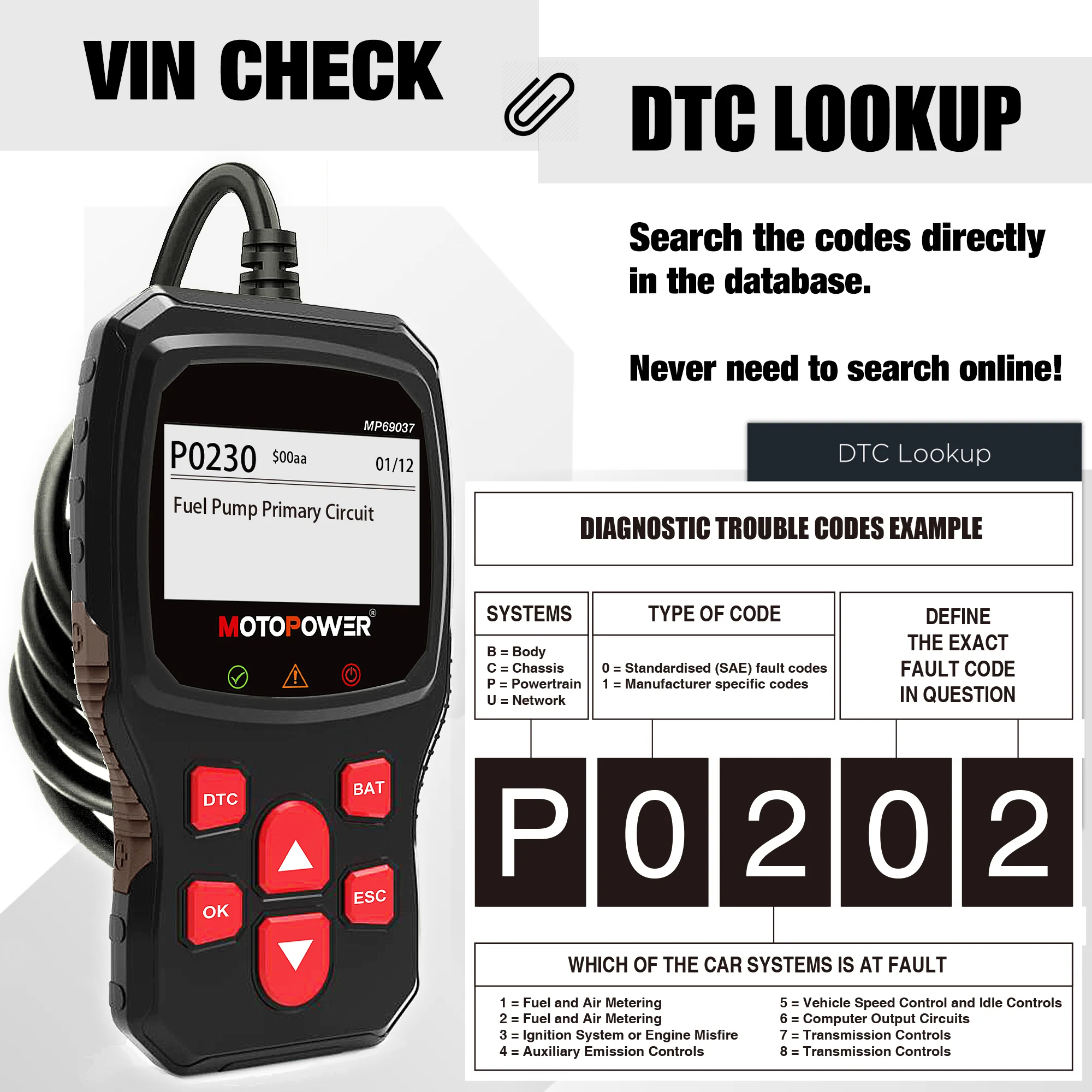 MOTOPOWER MP69037 Car OBD2 Scanner Code Reader Engine Fault Code Reader Scanner CAN Diagnostic Scan Tool for All OBD II Protocol Cars - New Arrival - Image 5