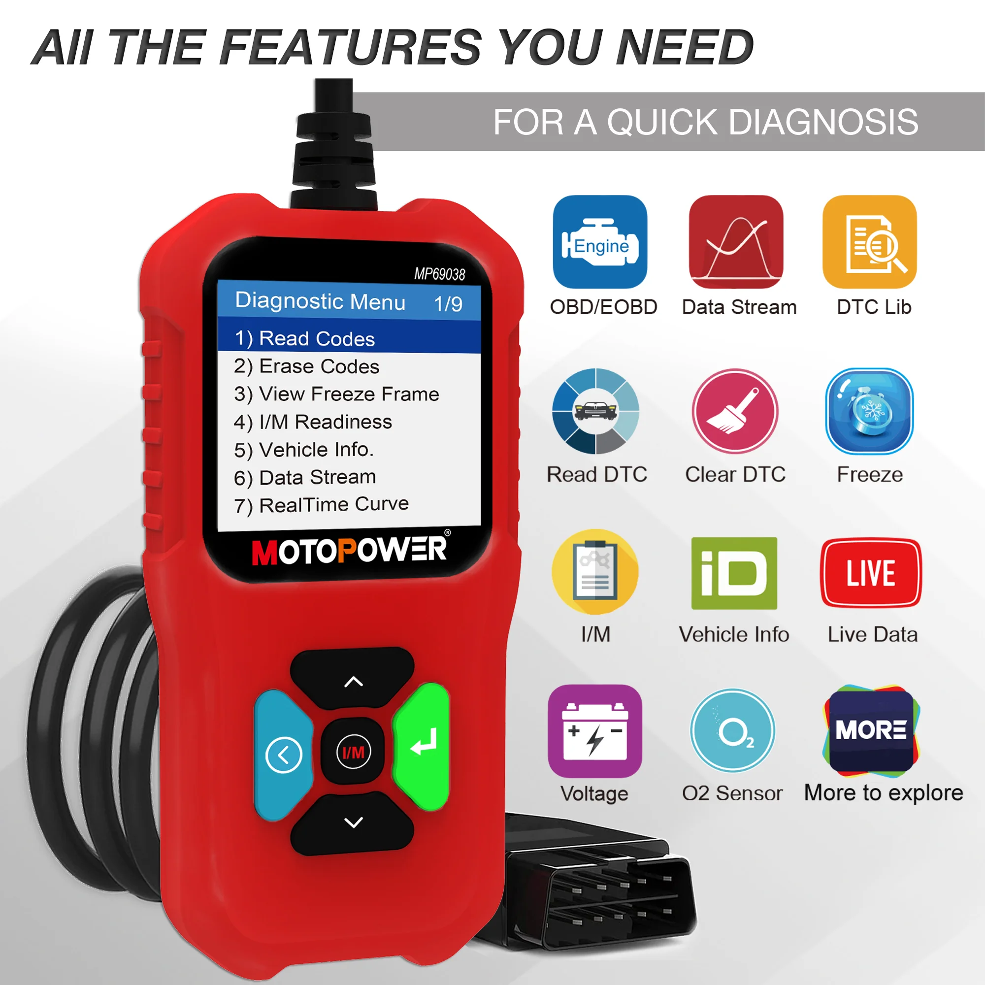 MOTOPOWER MP69038 Car OBD2 Scanner Code Reader Engine Fault Code Reader Scanner CAN Diagnostic Scan Tool - Elite Edition - Image 3
